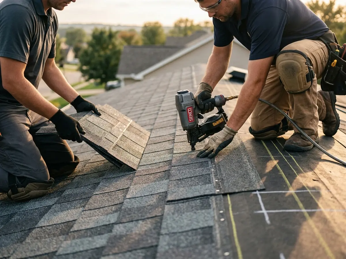 Professional roofer working on a residential roof in Deming